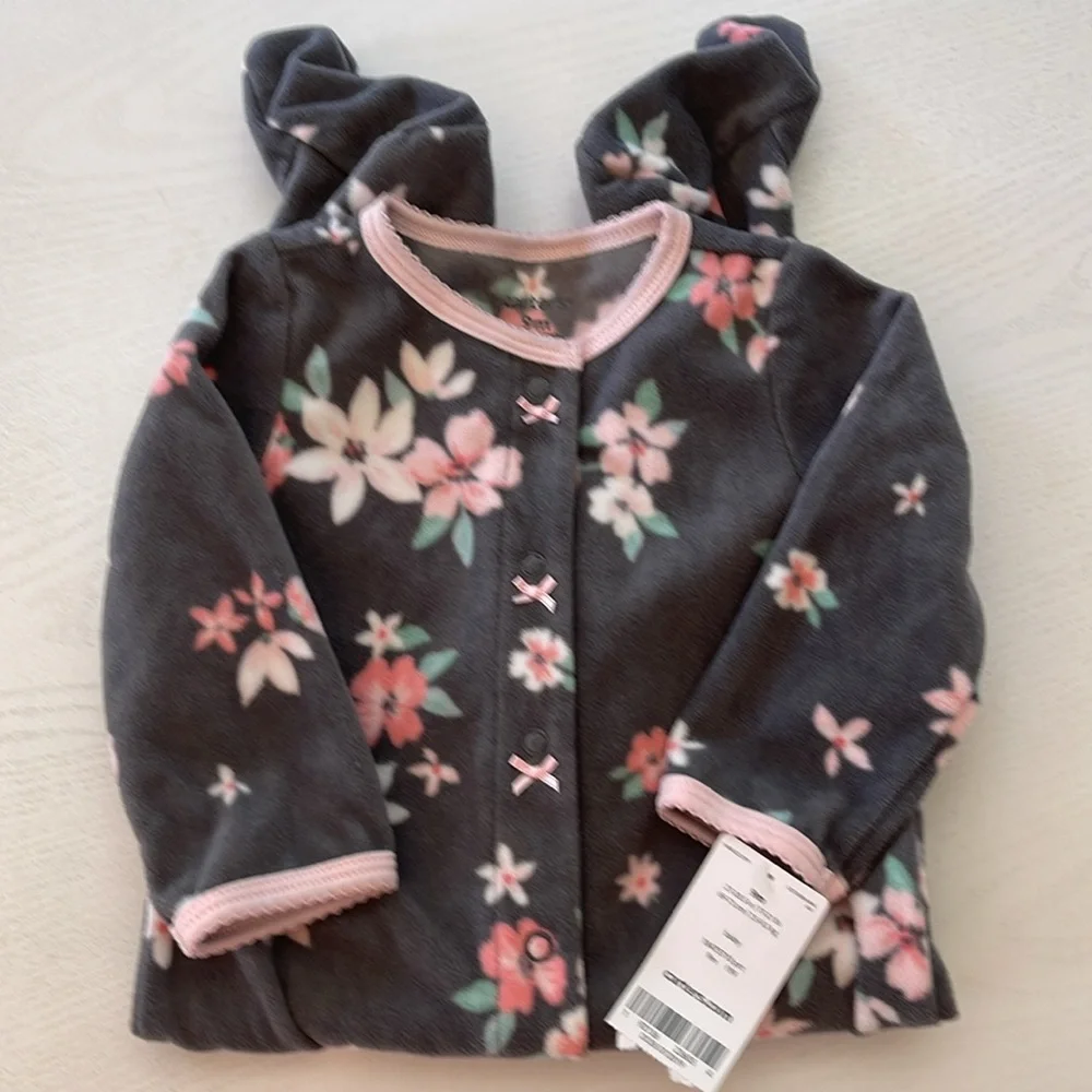 Carter's Baby Cozy Pajamas, Dark Grey with Pink & Coral Flower Print, Sz 9 Month